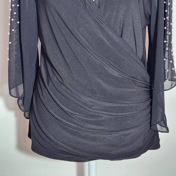 S. Levine Black Dressy Blouse with Slit Sleeves and Pearl Accent Size Small - Picture 5 of 9
